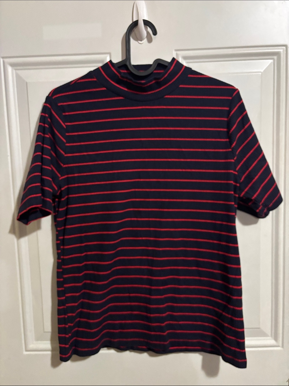 Striped Mock Neck Short Sleeve Tee in Navy and Red